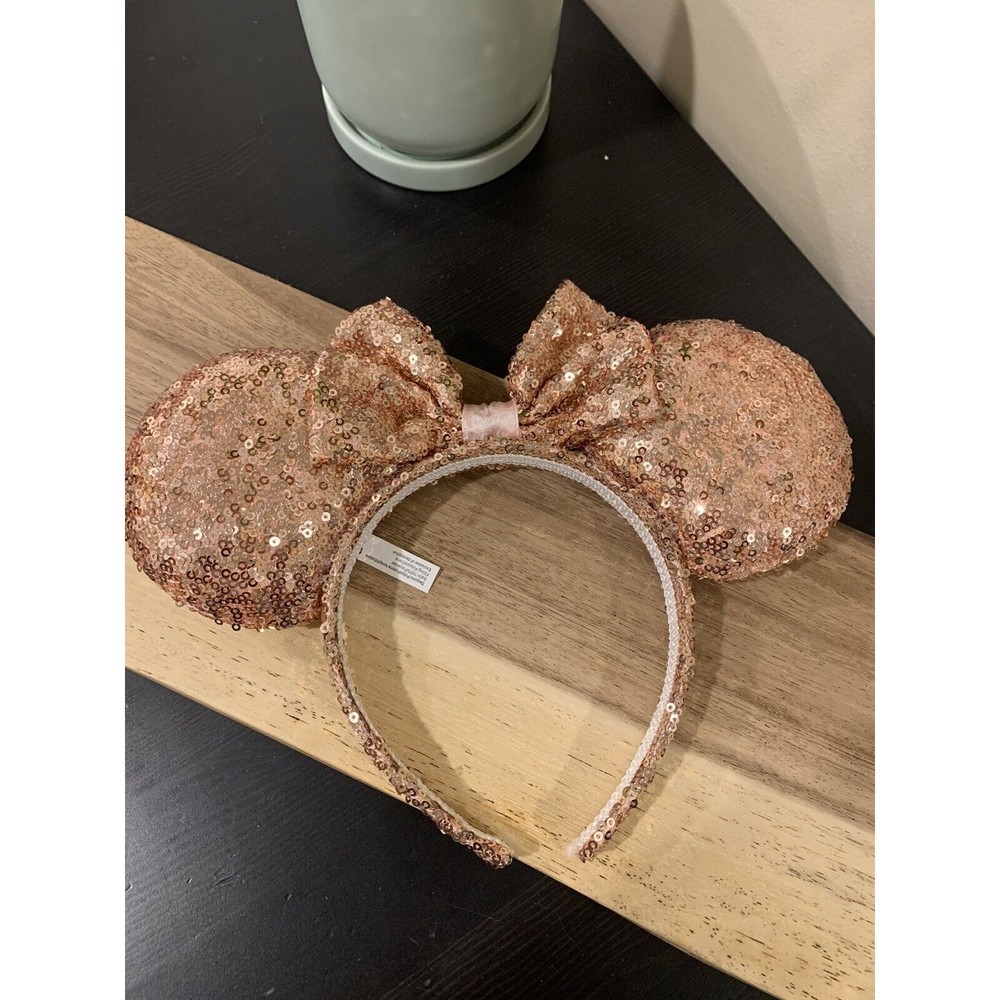 Disney Minnie Mouse Bow Shinny Rose Gold Sequin Disco Ear Headband Hair